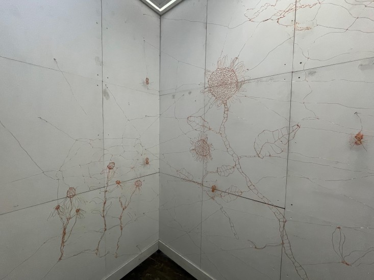 inside Gallery Spiderlings Web of Mother Installation:  Copper wire, Approx. 8'x8' 2022, Photo: Ming Fai Chan
