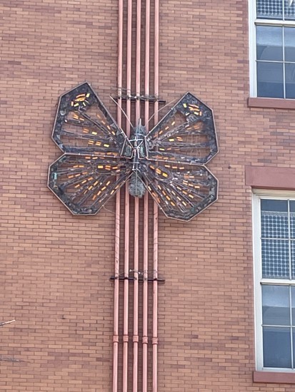 Butterfly Up-close, Stainless Steel, Copper, Enameled Copper, Brass Assemblage Sculpture, Approx. 9' x 10', 2023
