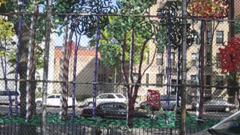 Tree Tapestry (Detail), Woven Straps on Chain-Link Fence, Approx. 20 x 100 ft, 2012